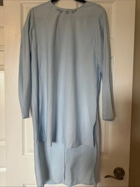 Light Blue Women's Long Sleeve Tunic Top with Embellished Neckline.